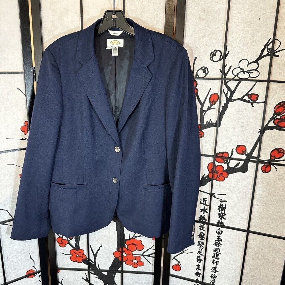 Talbots Blazer Womens 14 Navy Wool Blend Two Button Stretch Office Career VTG